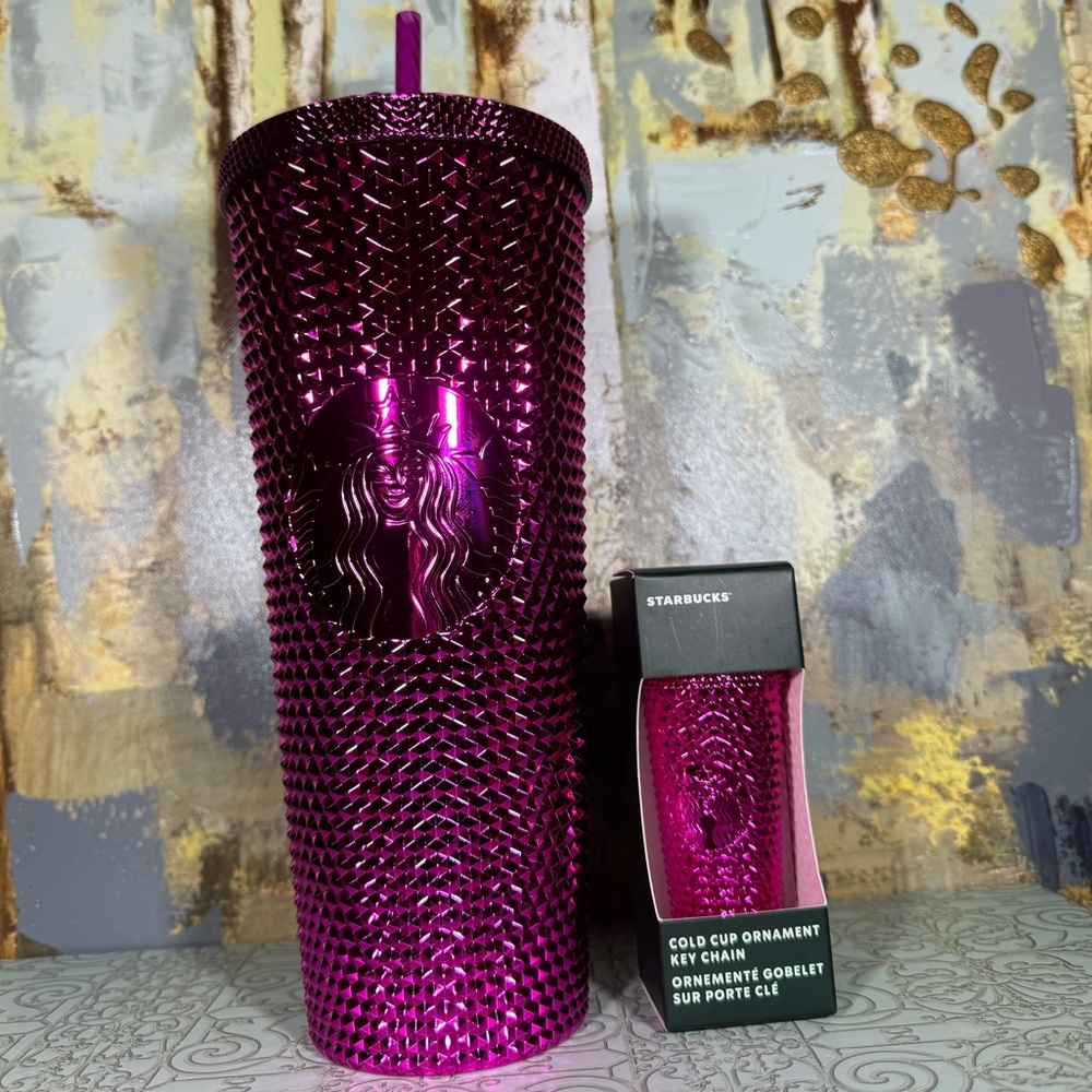 NWT Starbucks Metallic Pink Sangria Venti Studded Tumbler and Matching Keychain